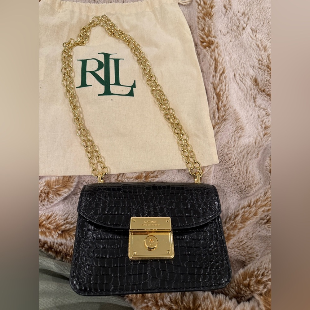 Ralph Lauren Black and Gold Crossbody Bag with Croc Texture